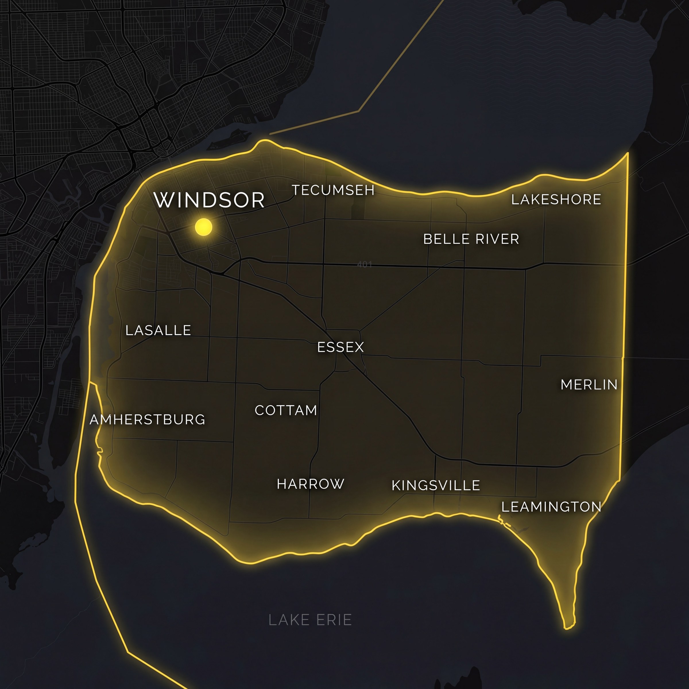 Belleau Media service area map covering Windsor, Essex County, Amherstburg, Tecumseh, Lakeshore, Belle River, Kingsville, Leamington, Harrow, and surrounding communities in Ontario